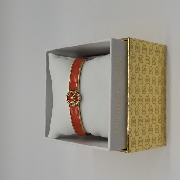 535- MICHAEL Michael Kors Haute Gold Tone Orange Enamel Bangle Bracelet NWT - Picture 2 of 8